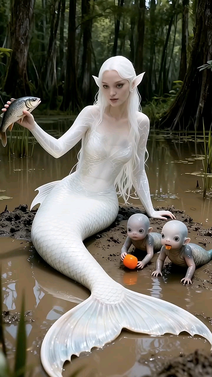 树林水塘边,一只美人鱼带着宝宝在找吃的