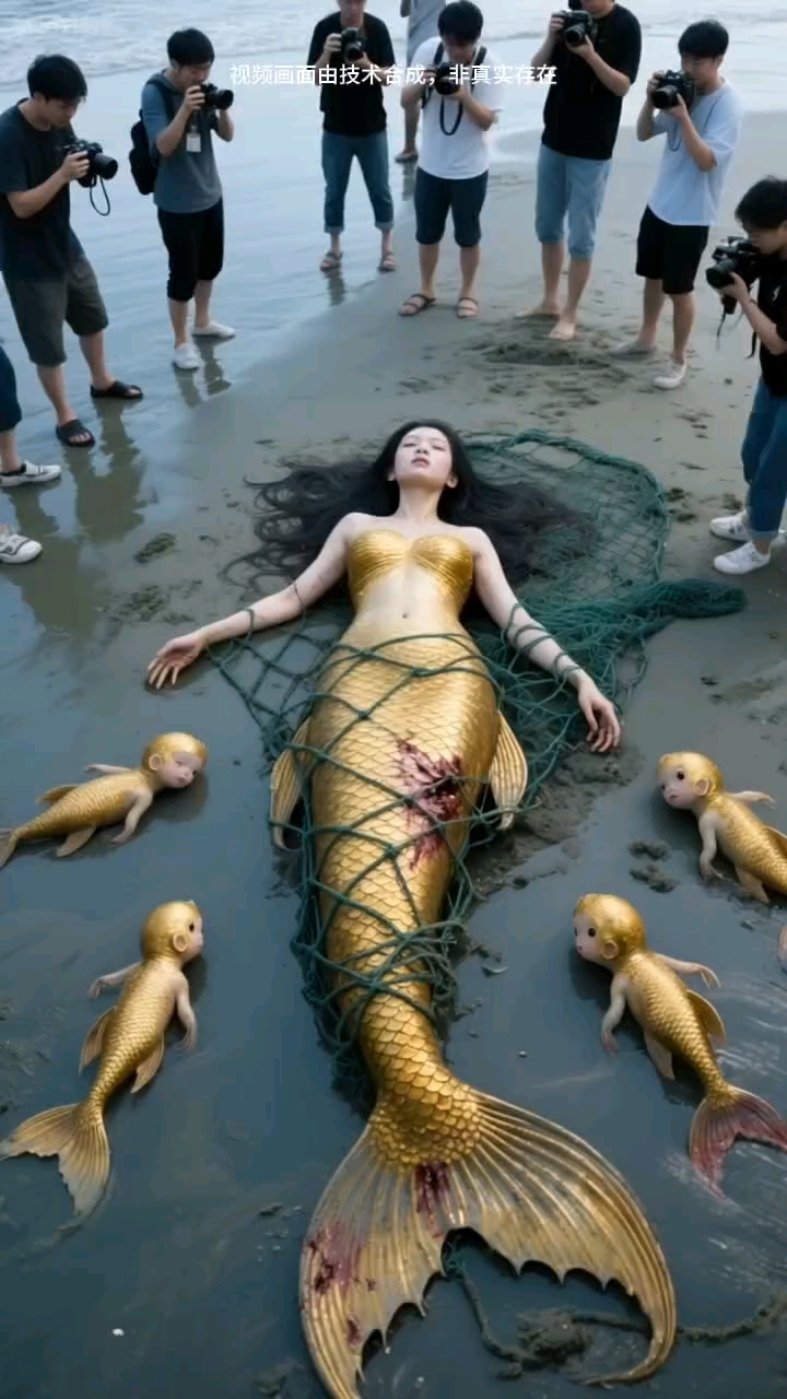 渔民出海捕鱼,抓到一条金色美人鱼,还有它的几个小宝宝