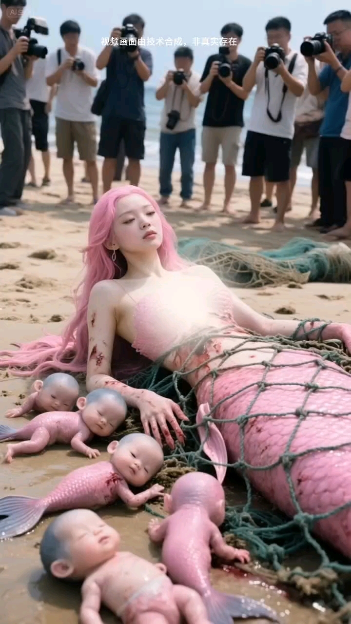 一只美人鱼带着孩子在沙滩上被渔网缠住,它的小宝宝很无助