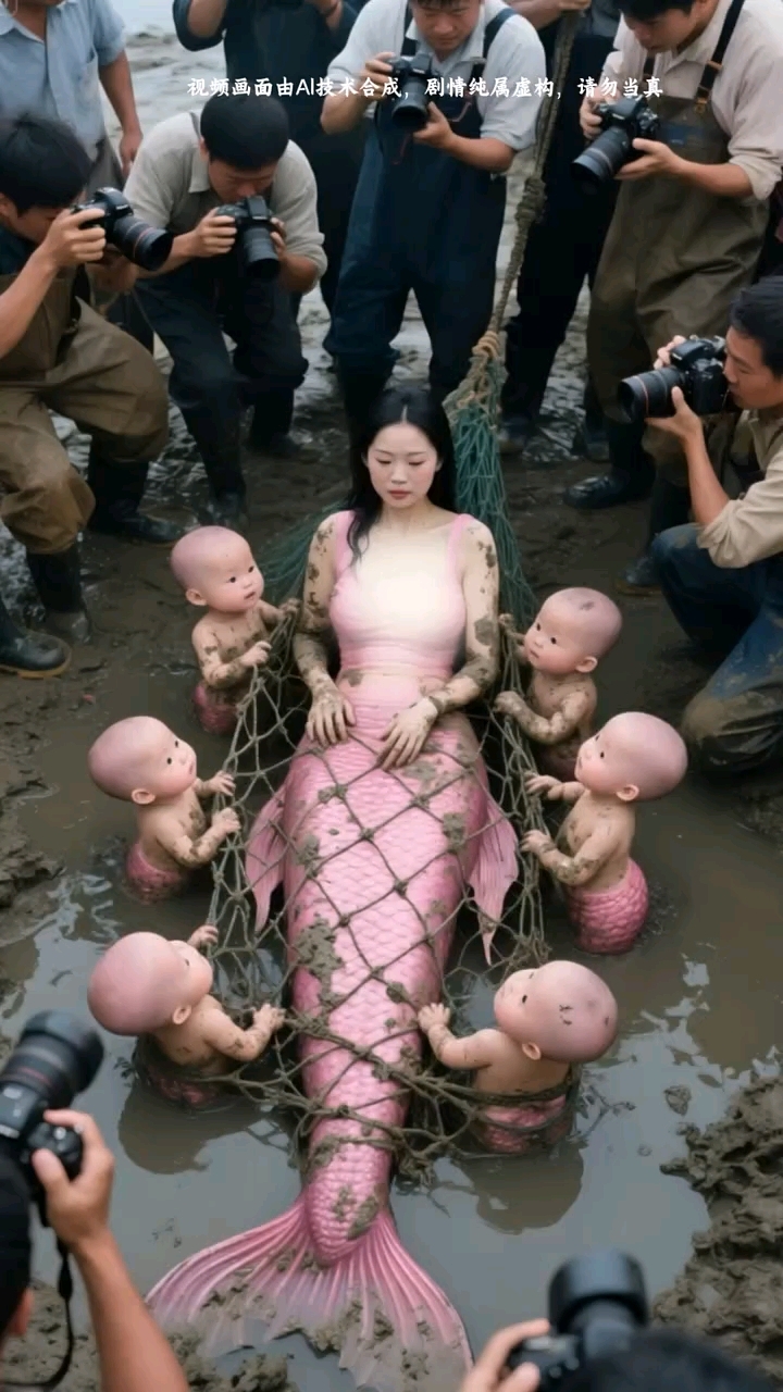 一群人抓到一只大美人鱼,它还带着几个小宝贝