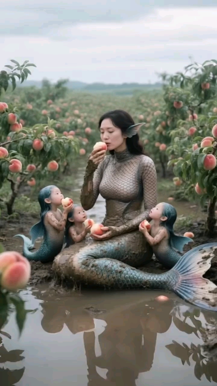 毛桃园子里,一只美人鱼带着宝宝吃桃子