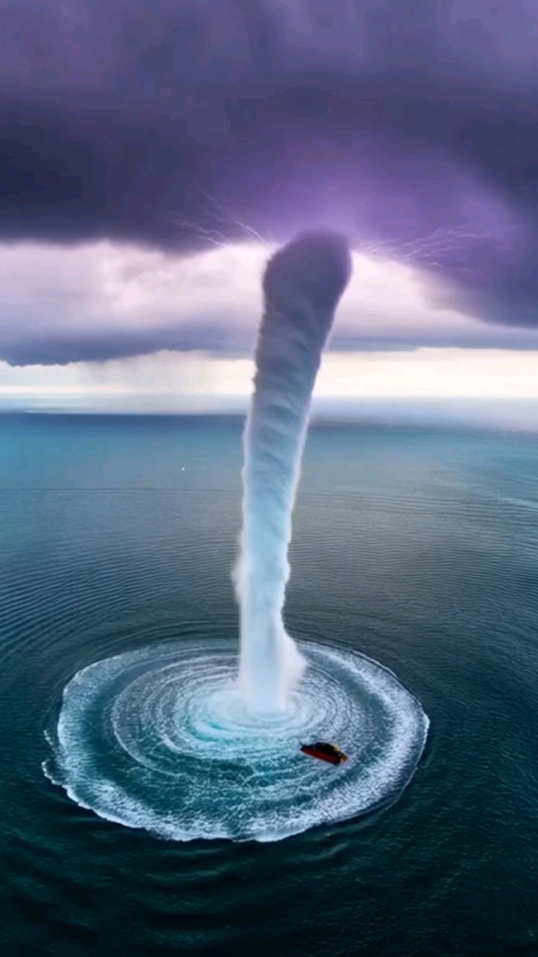 壮观的海上龙卷风卷起千米高螺旋水柱,上方还伴随着闪电