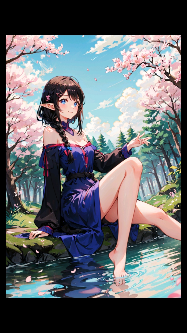 女精灵光着脚丫,在河边戏水