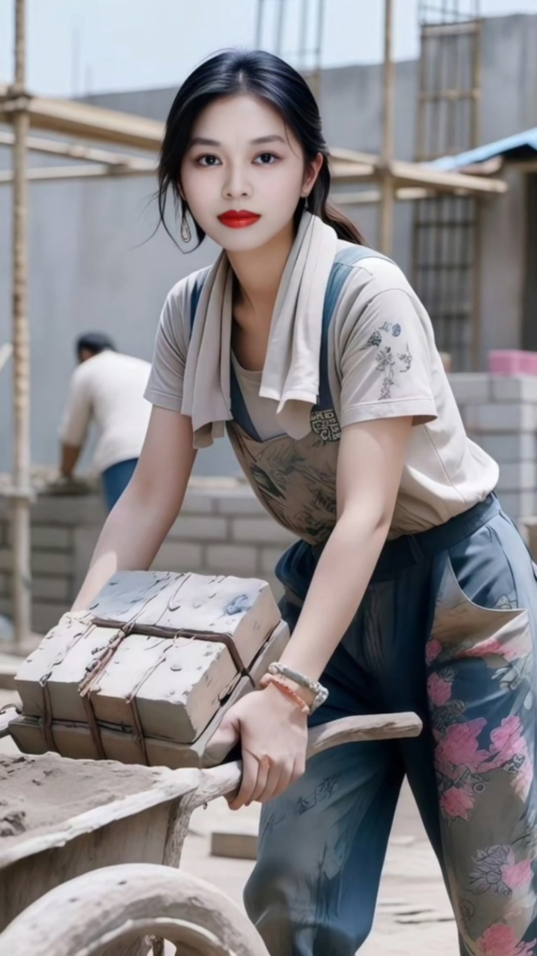 工地搬砖的美女