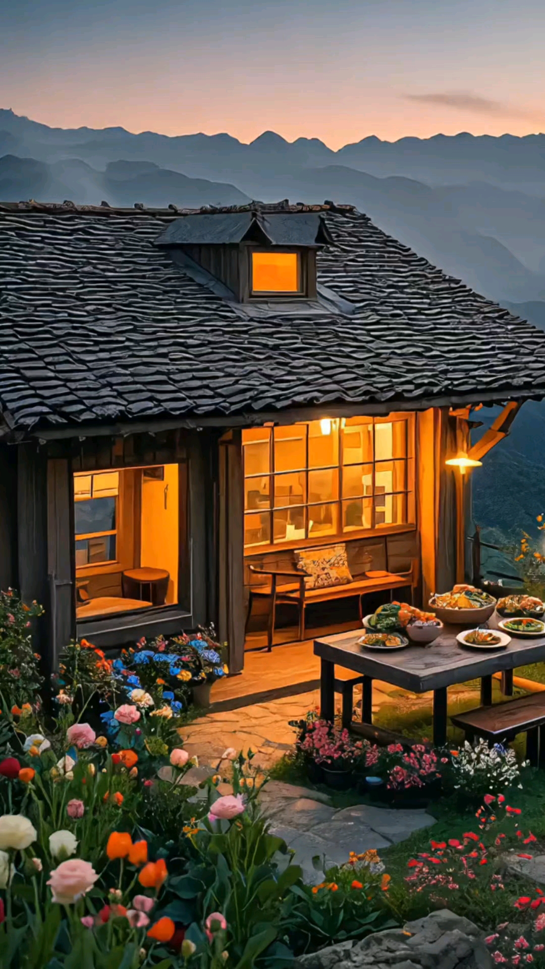 在山间木屋,暮色与远山相融.屋内暖光溢出,门外餐桌摆满佳肴