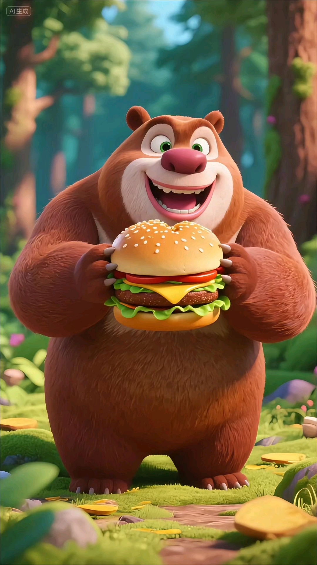 熊大捡起地上的汉堡吃