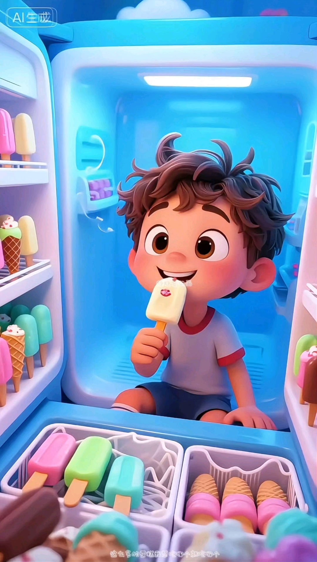 小男孩躲在冰柜里吃雪糕