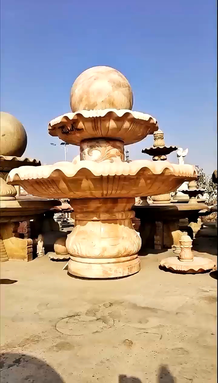 石雕汉白玉喷泉晚霞红风水球别墅水钵黄锈石大型户外流水景观摆件