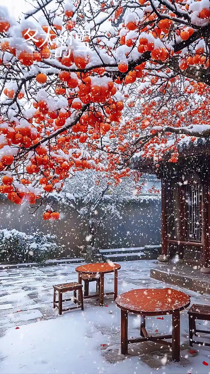 雪中柿子红,岁月静好,冬日的温暖与宁静