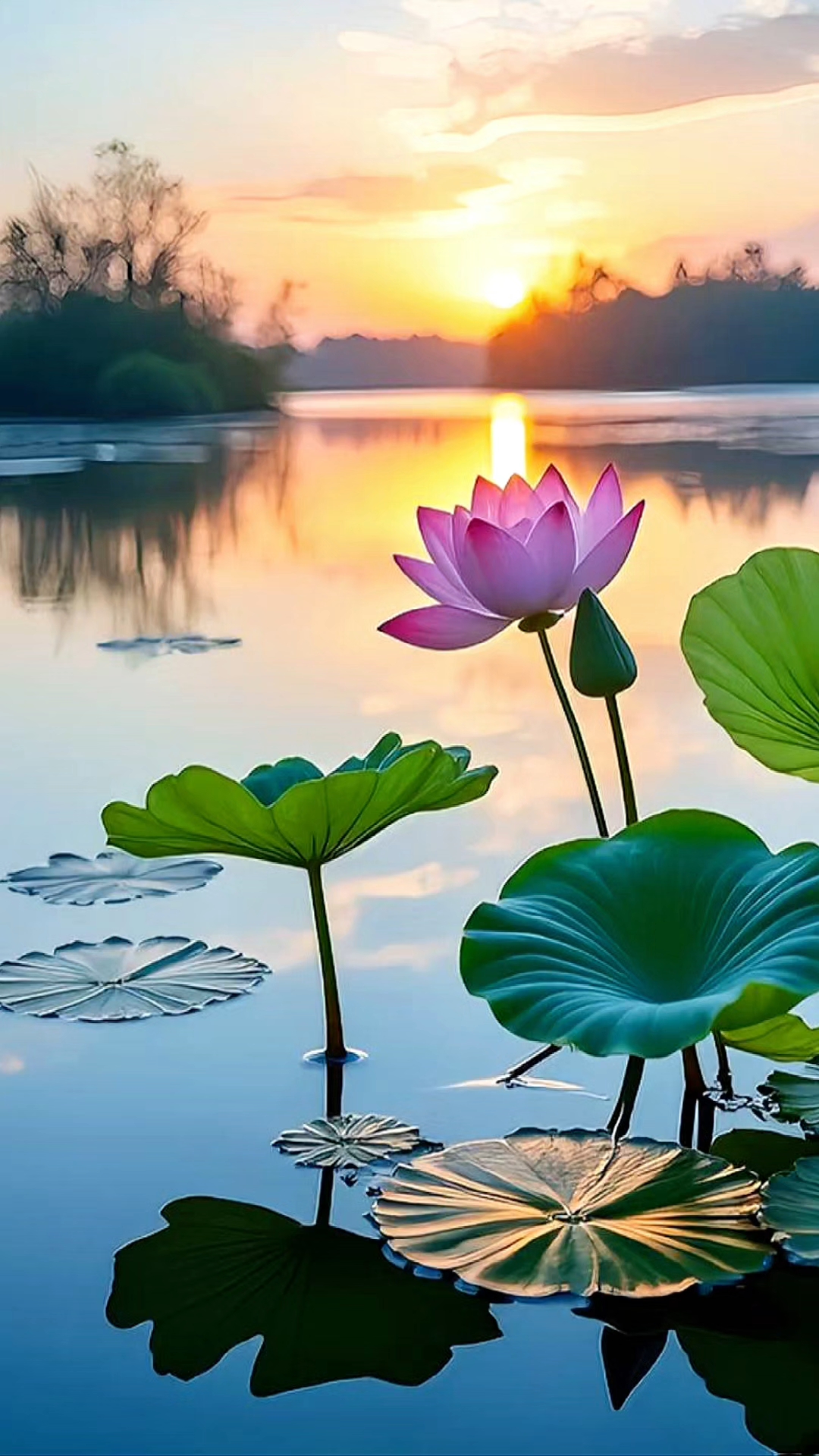 晚霞吻池塘,莲绽叶间藏,岁月好风光