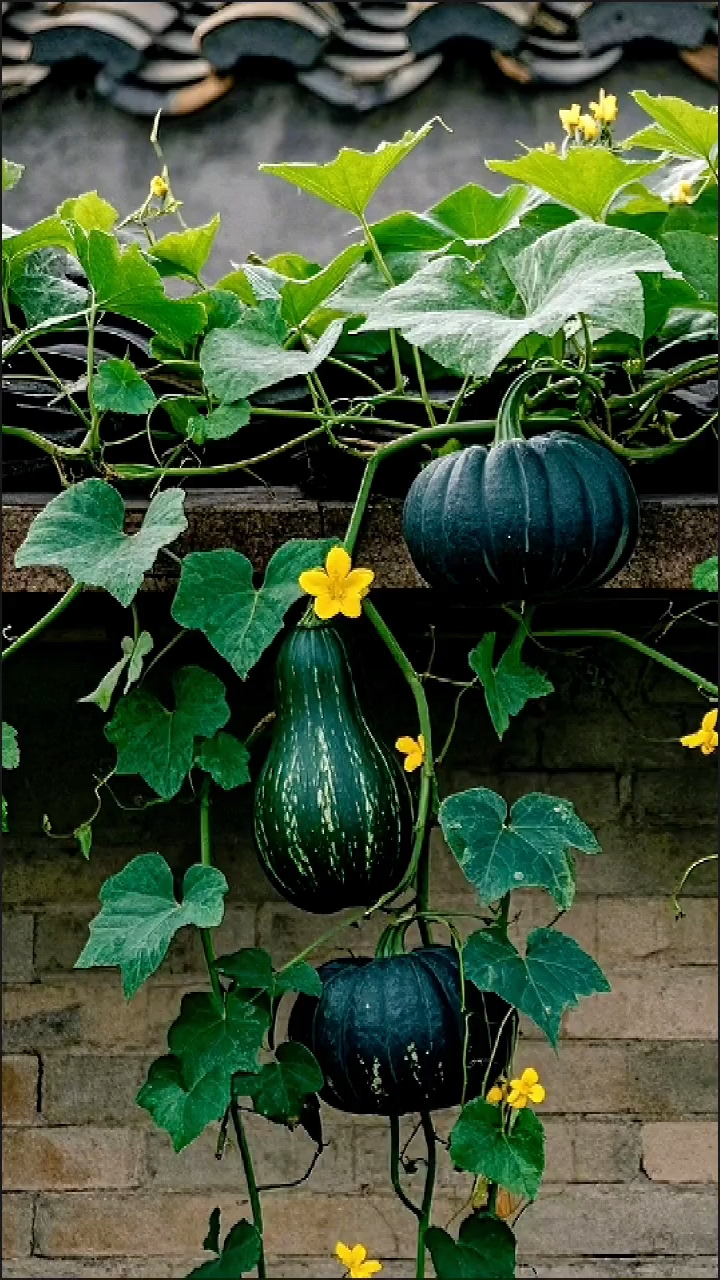 墙头南瓜藤蔓黄花开,瓜果累累秋意浓.