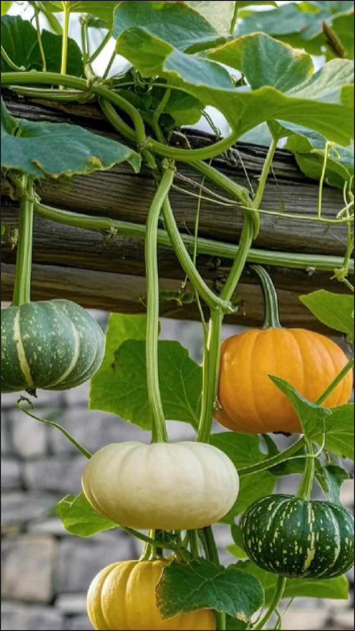 石墙边的南瓜藤蔓,孕育着秋天的希望与丰收.