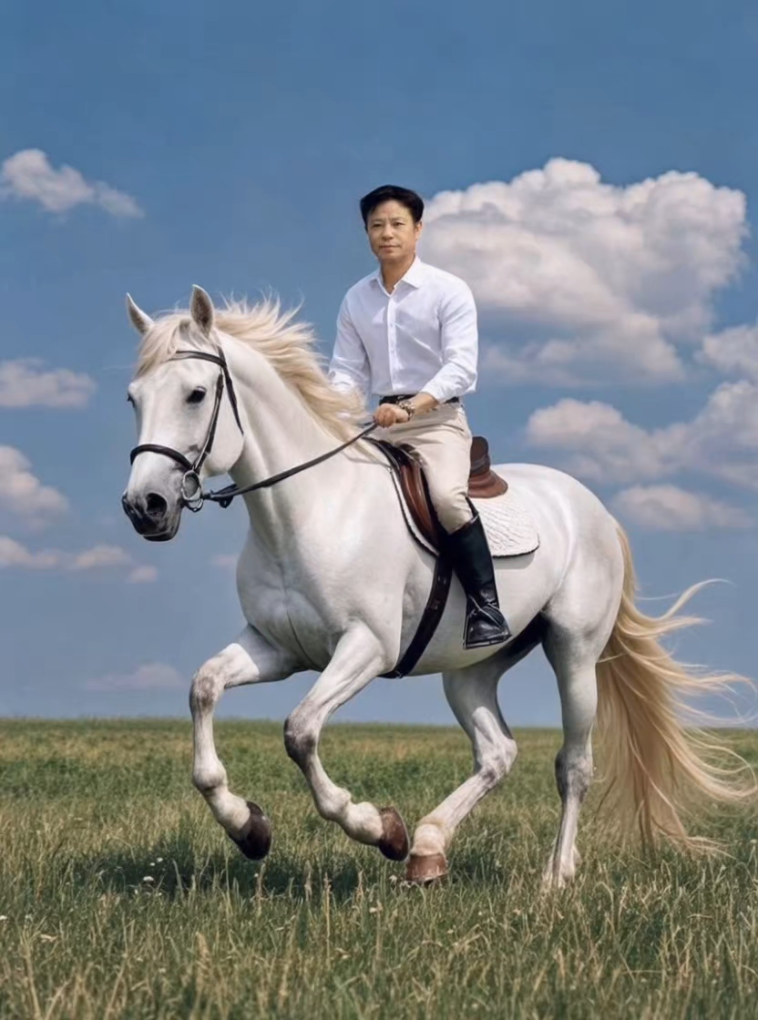 他骑着白马在草原上飞驰,鬃毛飞扬,蹄声如鼓,风驰电掣般掠过大