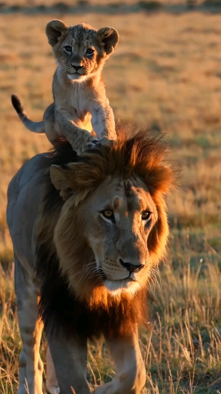小狮子宝宝骄傲地站在它父亲的背上.#狮子