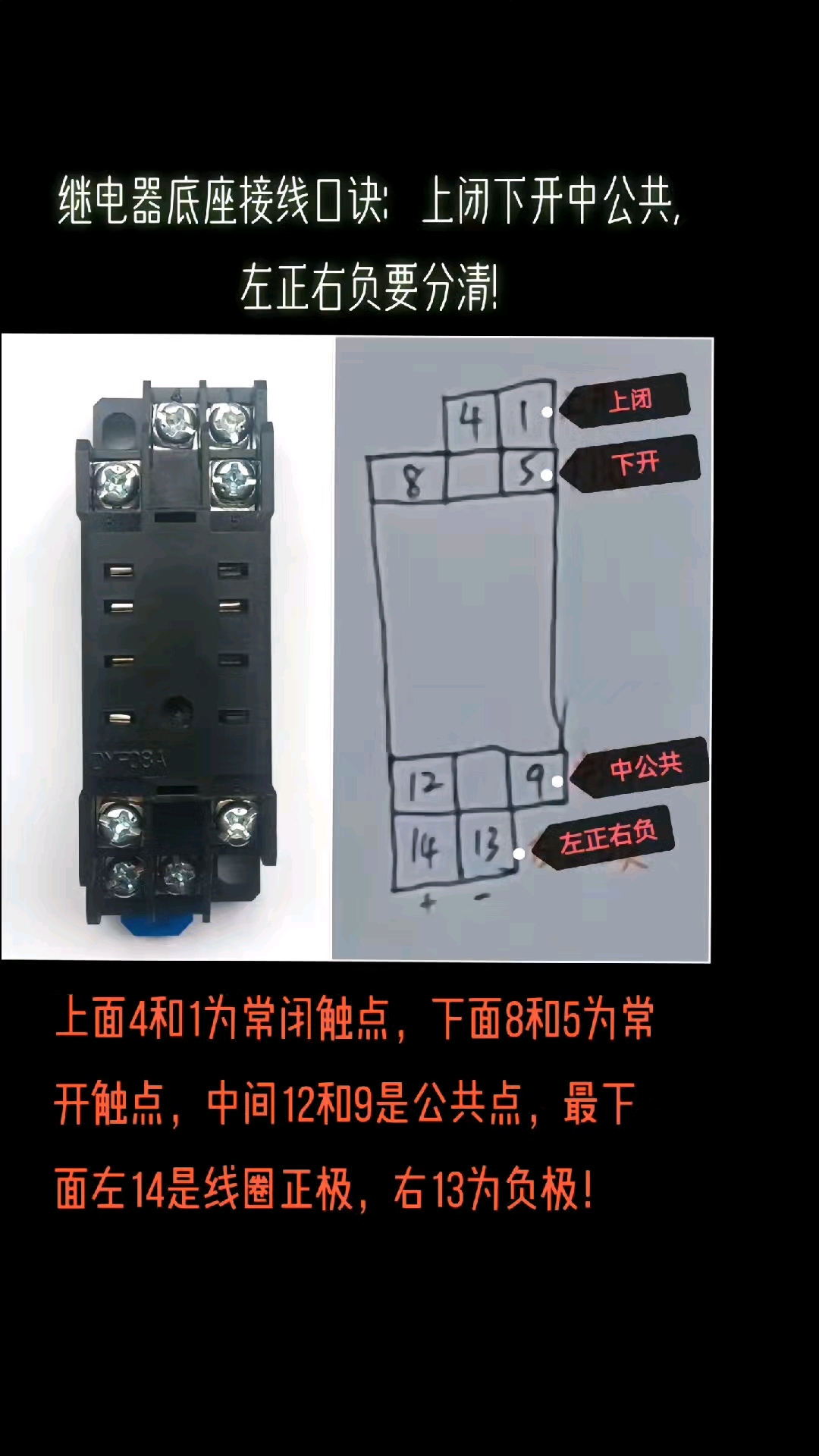 继电器底座接线口详解:上闭下开中公共,左正右负要分清!
