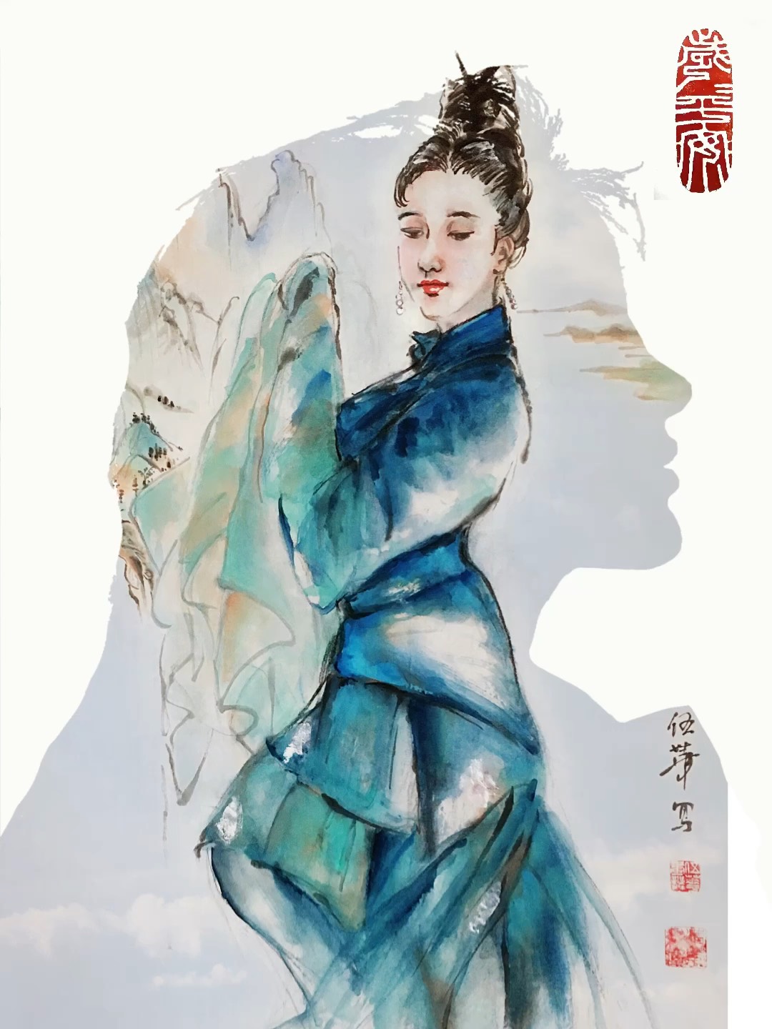 只此青绿舞蹈插画图片