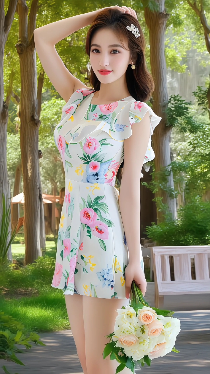 夏日公园,花裙与高跟鞋的优雅邂逅