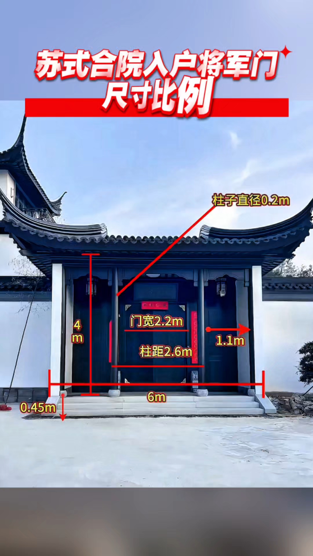 苏式合院入库将军门尺寸细节,铝代木中式门头飞檐翘角檐椽组合