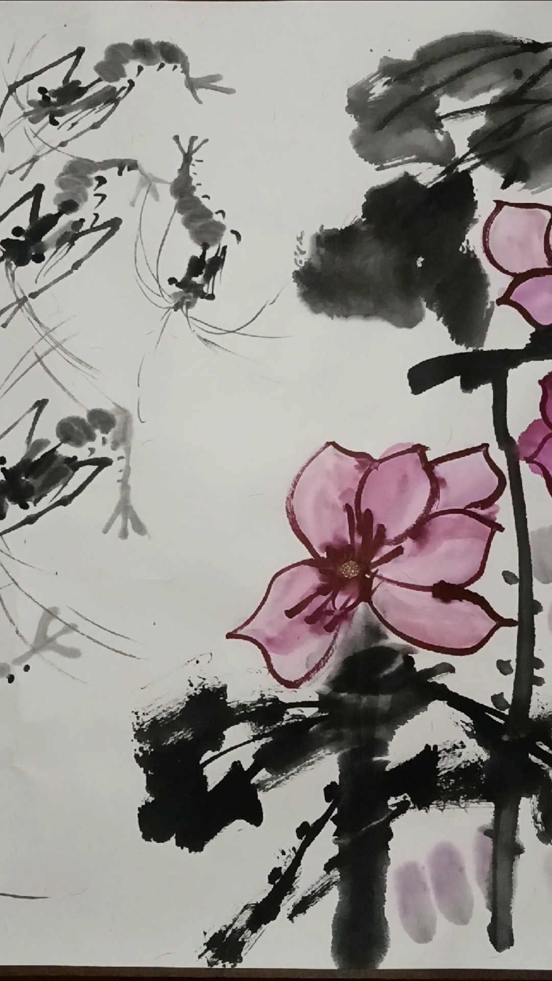 莲云画家刘龙梅原创荷花虾图真迹