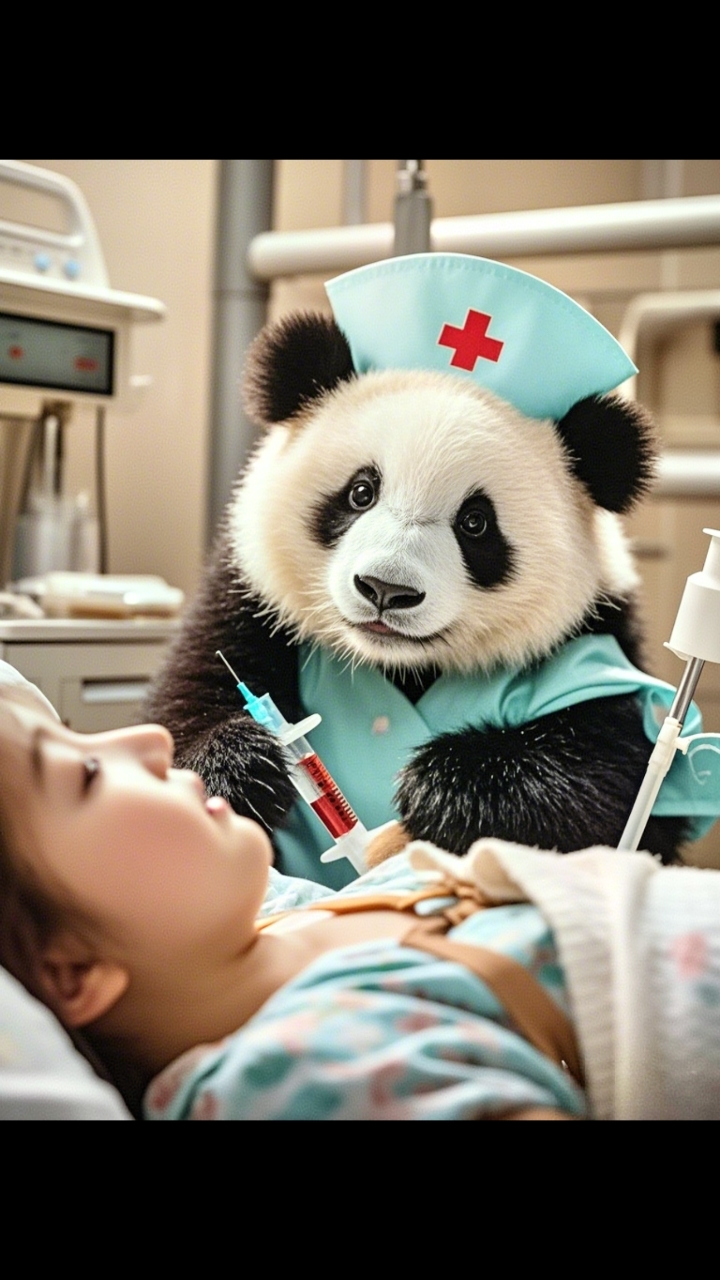 熊猫医生:认真给病人打针,表情严肃,萌翻了