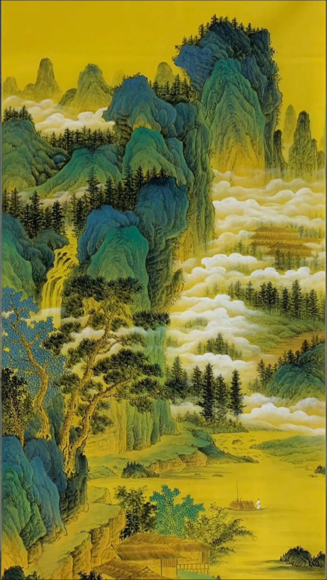 观青绿山水图 层峦染翠入云深,雾绕峰林隐梵音.一叶扁舟烟霭里