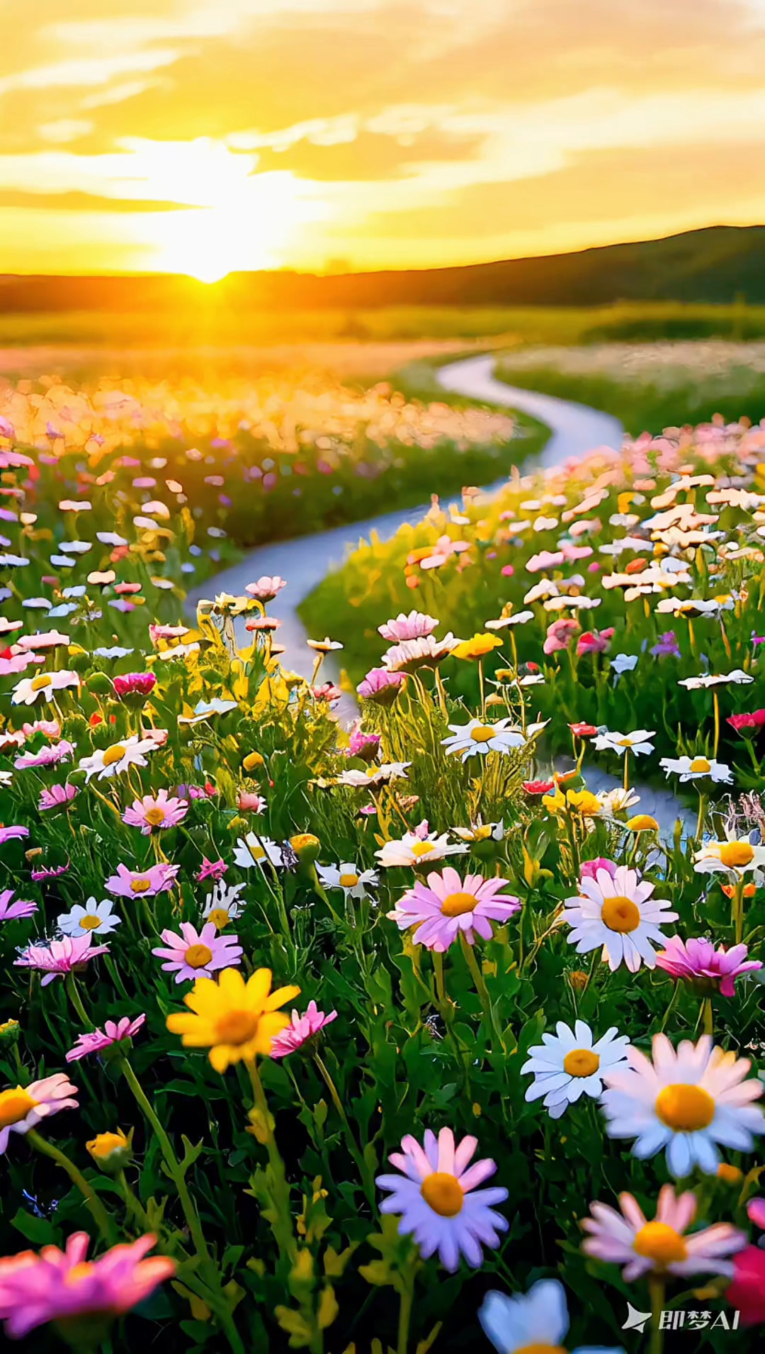 夕阳西下的那片小雏菊花海《ai创作》