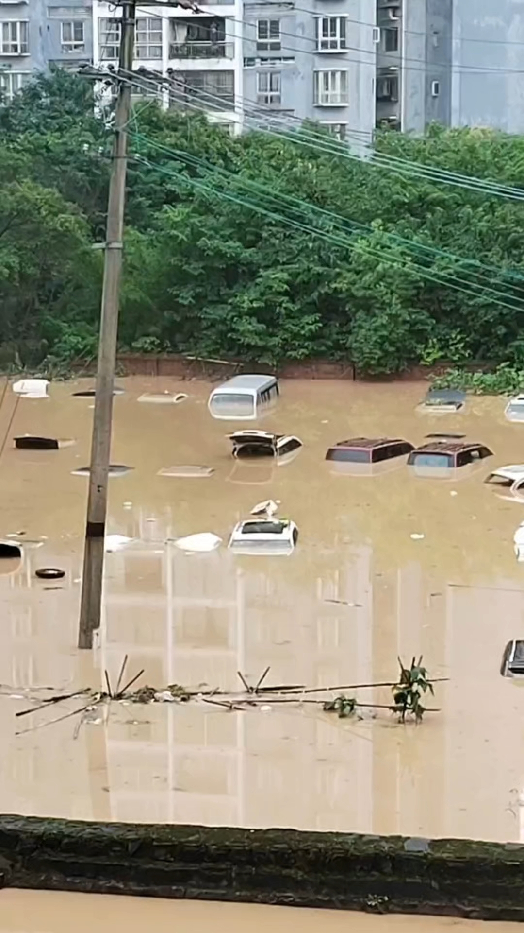 重庆垫江暴雨,洪水淹没小区停车场