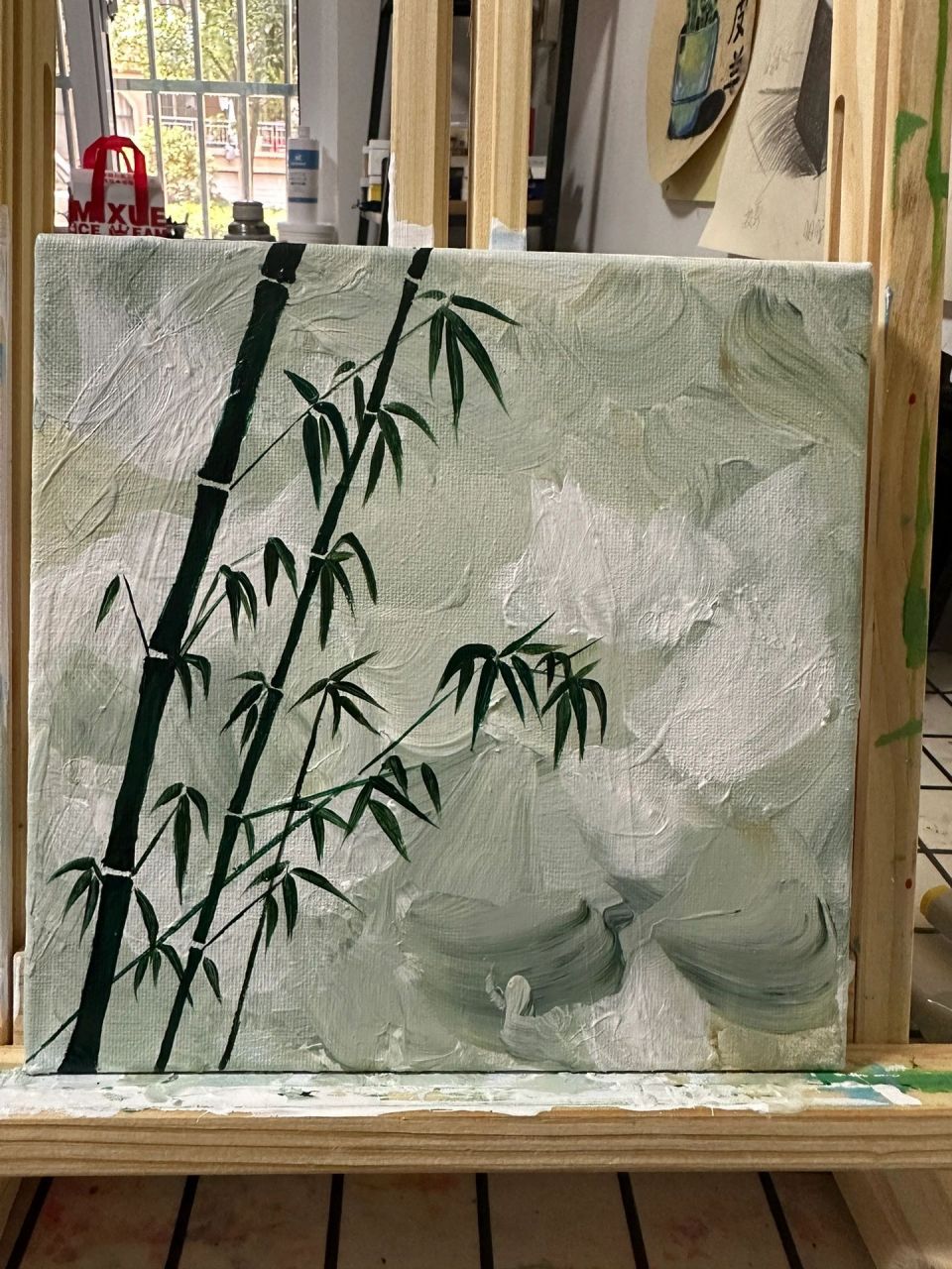 尺寸:20*20 丙烯颜料:背景(白色,土黄,橄榄绿), 竹子(翠绿,草绿,黑色)