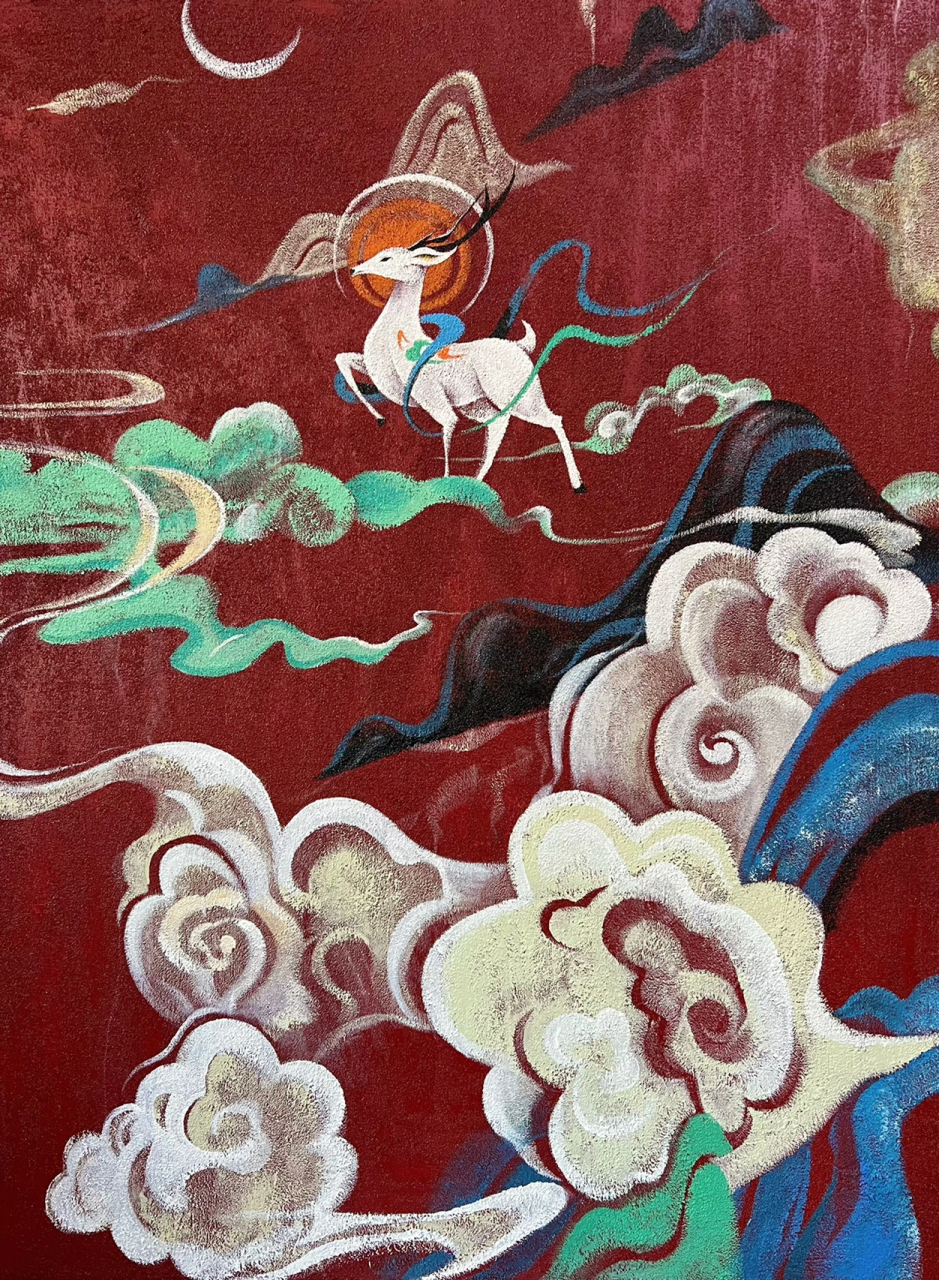 临摹敦煌壁画《九色鹿》 材料:丙烯颜料,石英沙 底色:红色(多) 棕色(