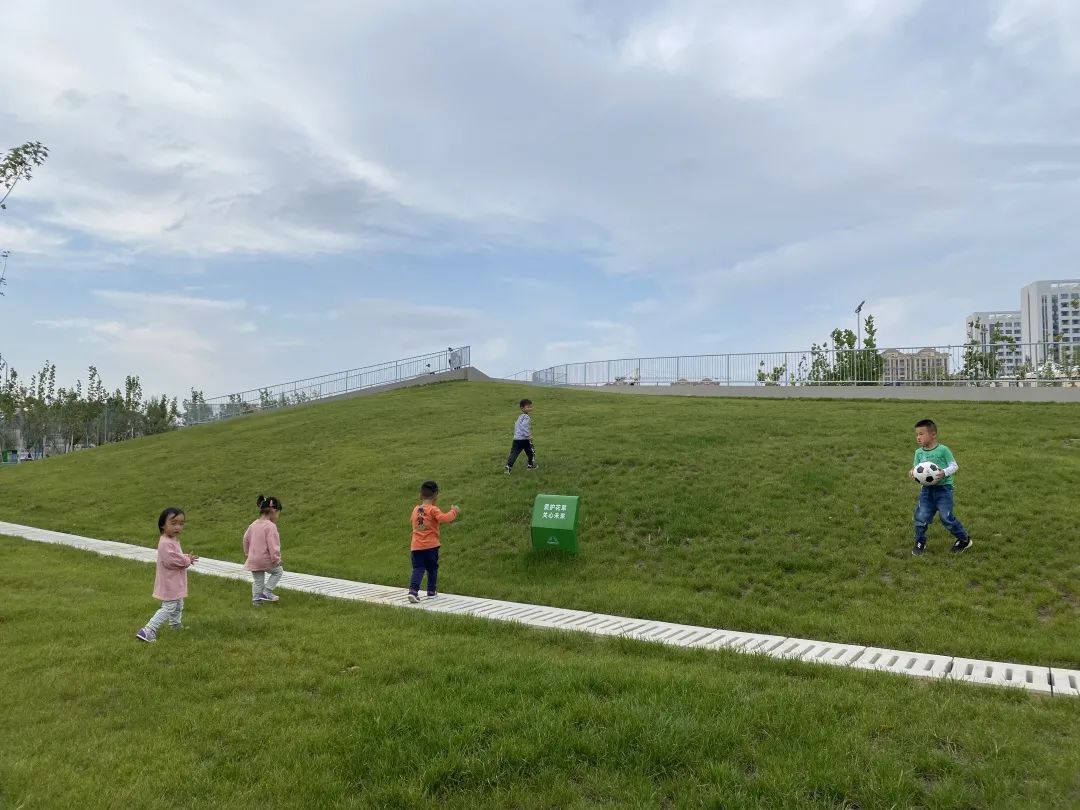 草坡与橡胶跑道无缝连接覆土形式的建筑立面,被草坪所覆盖,如此形成