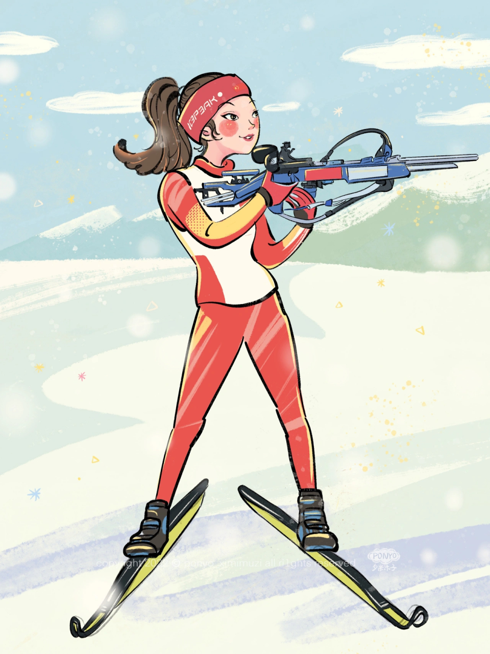 冬奥会插画,冬季两项新星孟繁棋,手绘头像 冬季两项是滑雪和射击结合