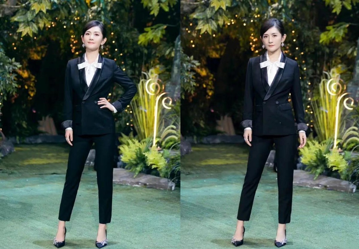 谢娜穿"西装"气场也挺强大,颜色深也有精致感,看着挺酷挺飒