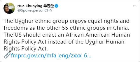推荐美签署涉疆法案，华春莹发推：美国应该通过非裔美国人人权法案
