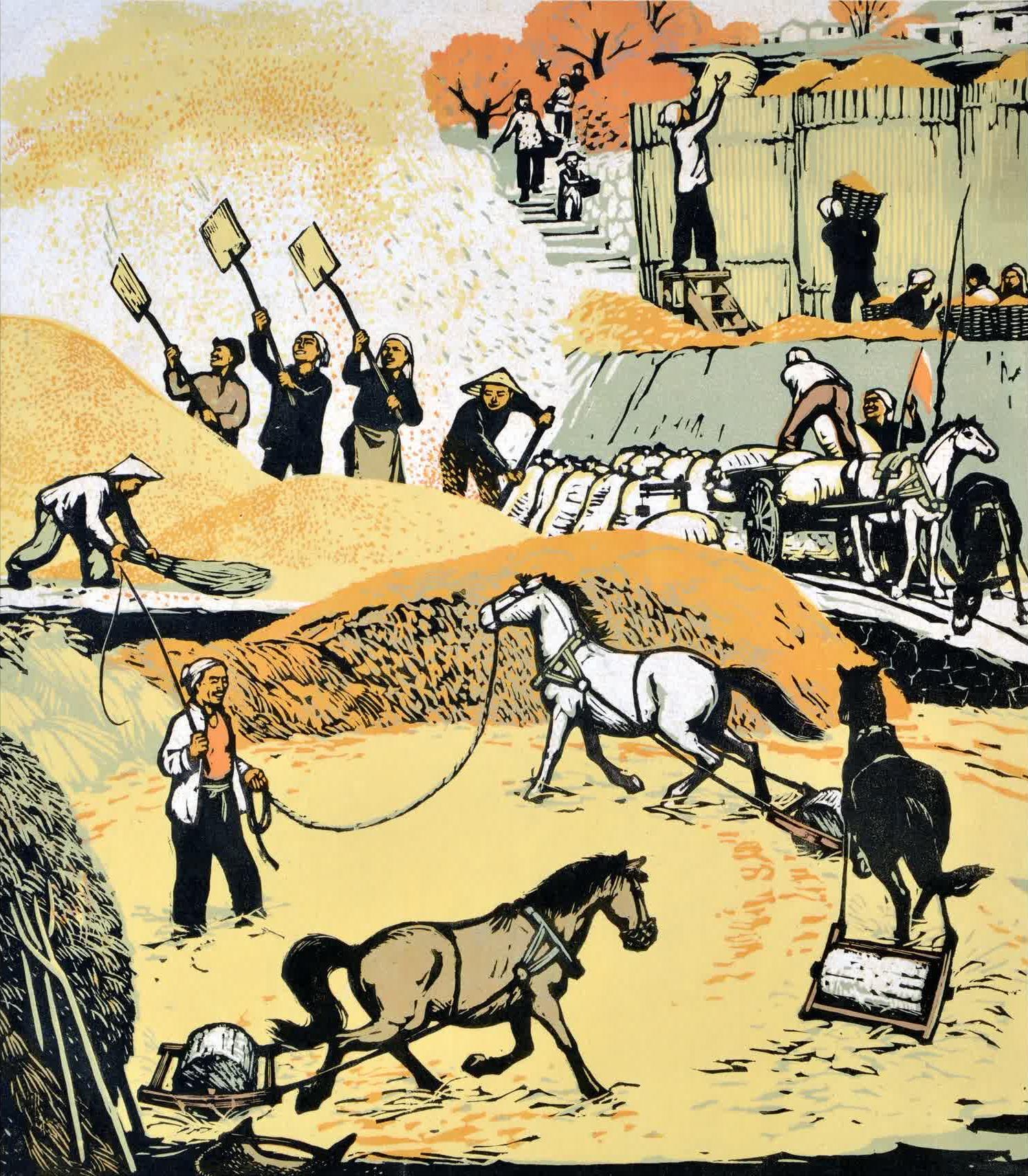 红色年代版画,公社歌手,大队喜添彩色电视机,陕南陕北是一家