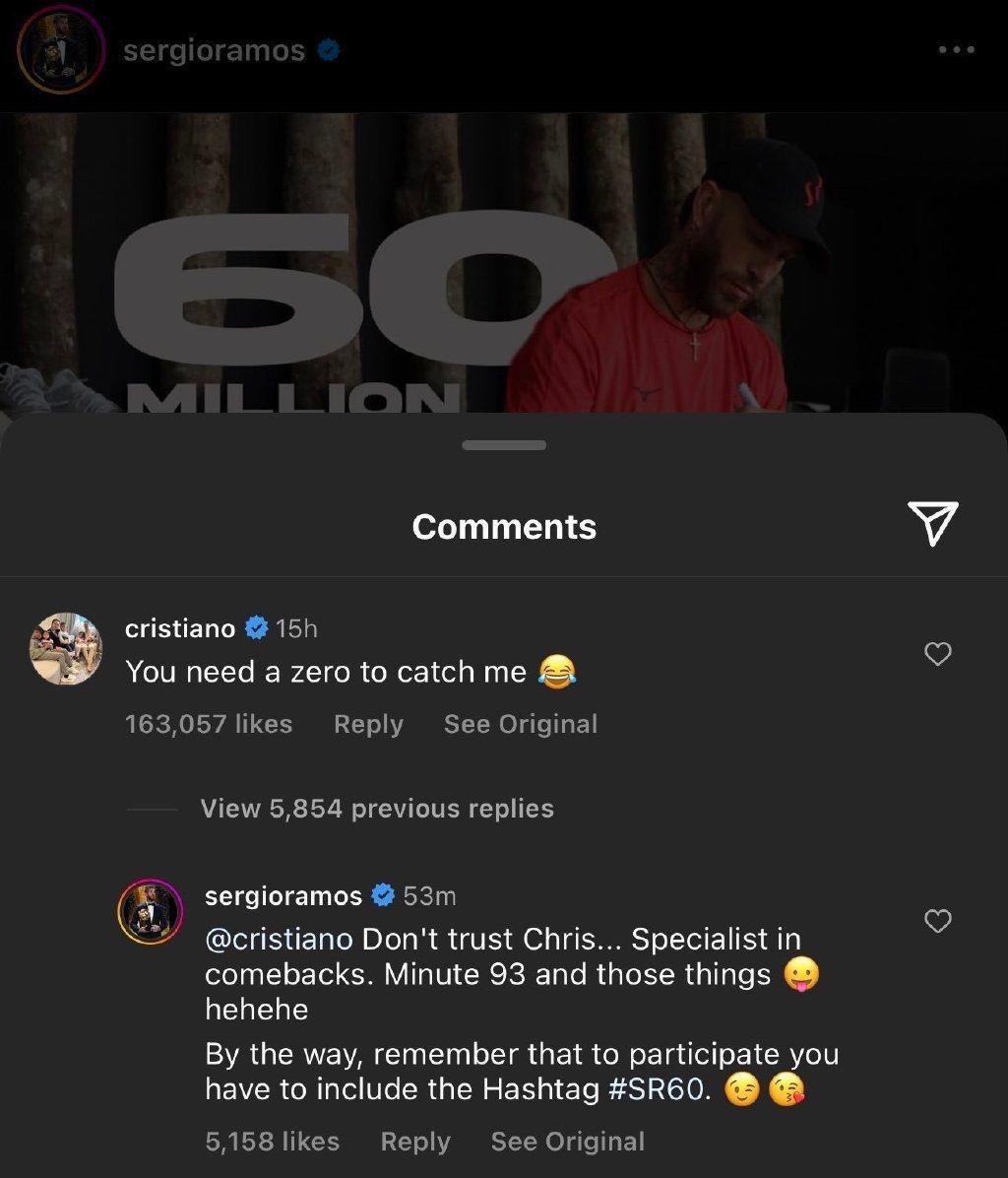 拉莫斯庆祝ins粉丝破6000万,c罗调侃:你加个0才能赶上我!