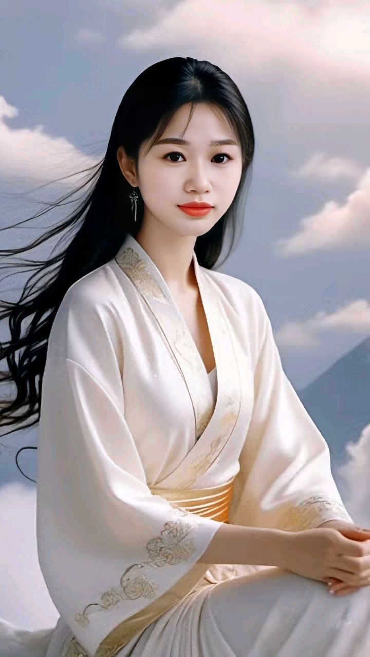 白衣古装女子,于山水云雾间,尽显空灵温婉之美