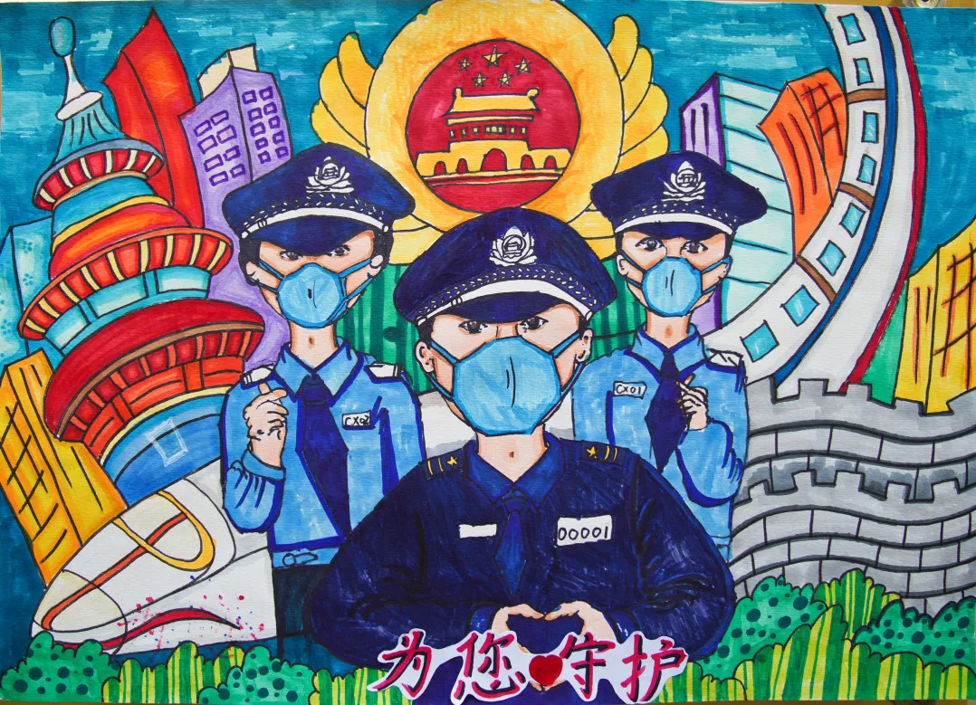 警察儿童画疫情图片