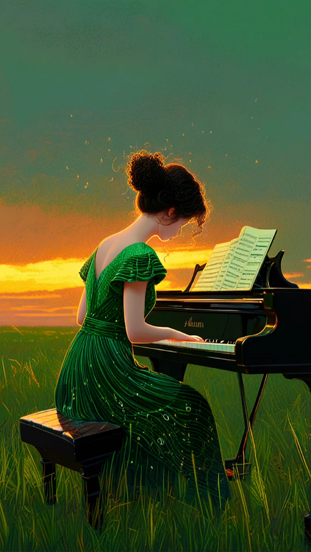 女孩在草原上悠闲自在弹钢琴