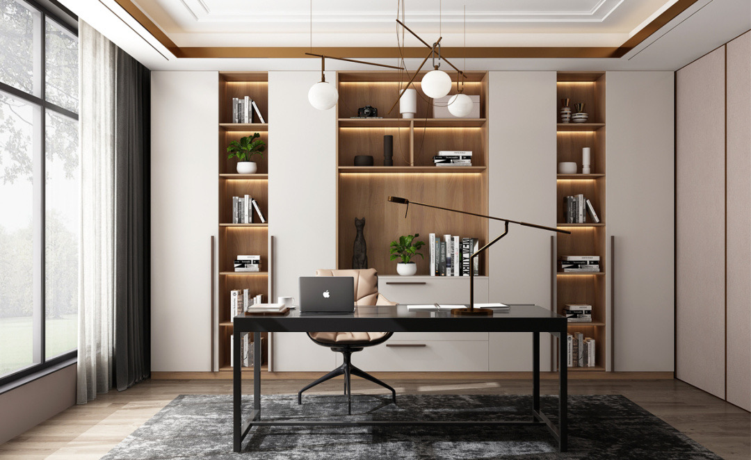 白色的柜门搭配黑色的开放格,加上不规则开放格设计造型,这样的书柜看