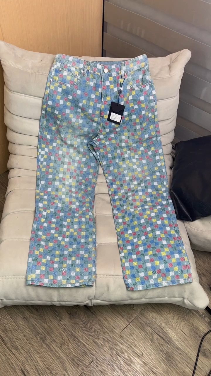 lv彩色马赛克格纹男士牛仔裤