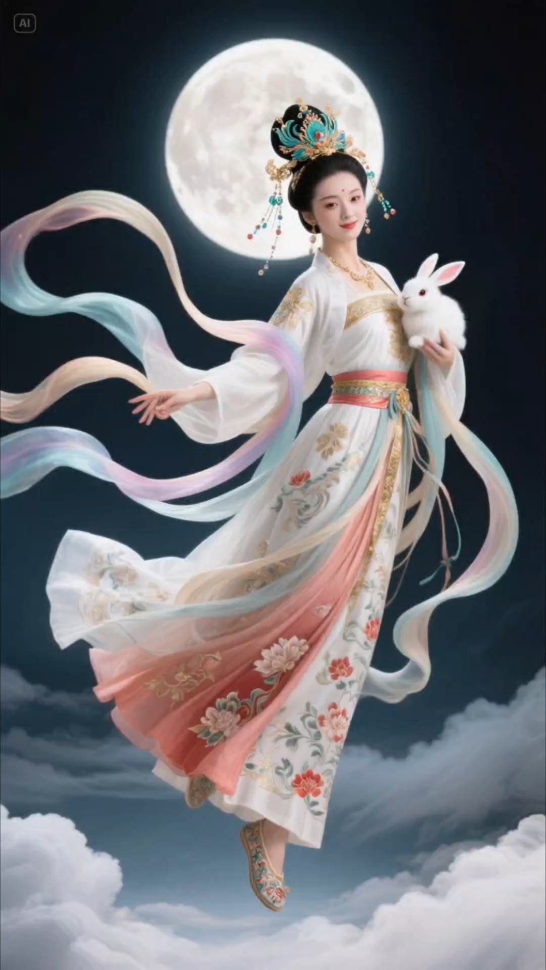 嫦娥抱玉兔飞在云端,飘带飞扬犹如仙境般美景