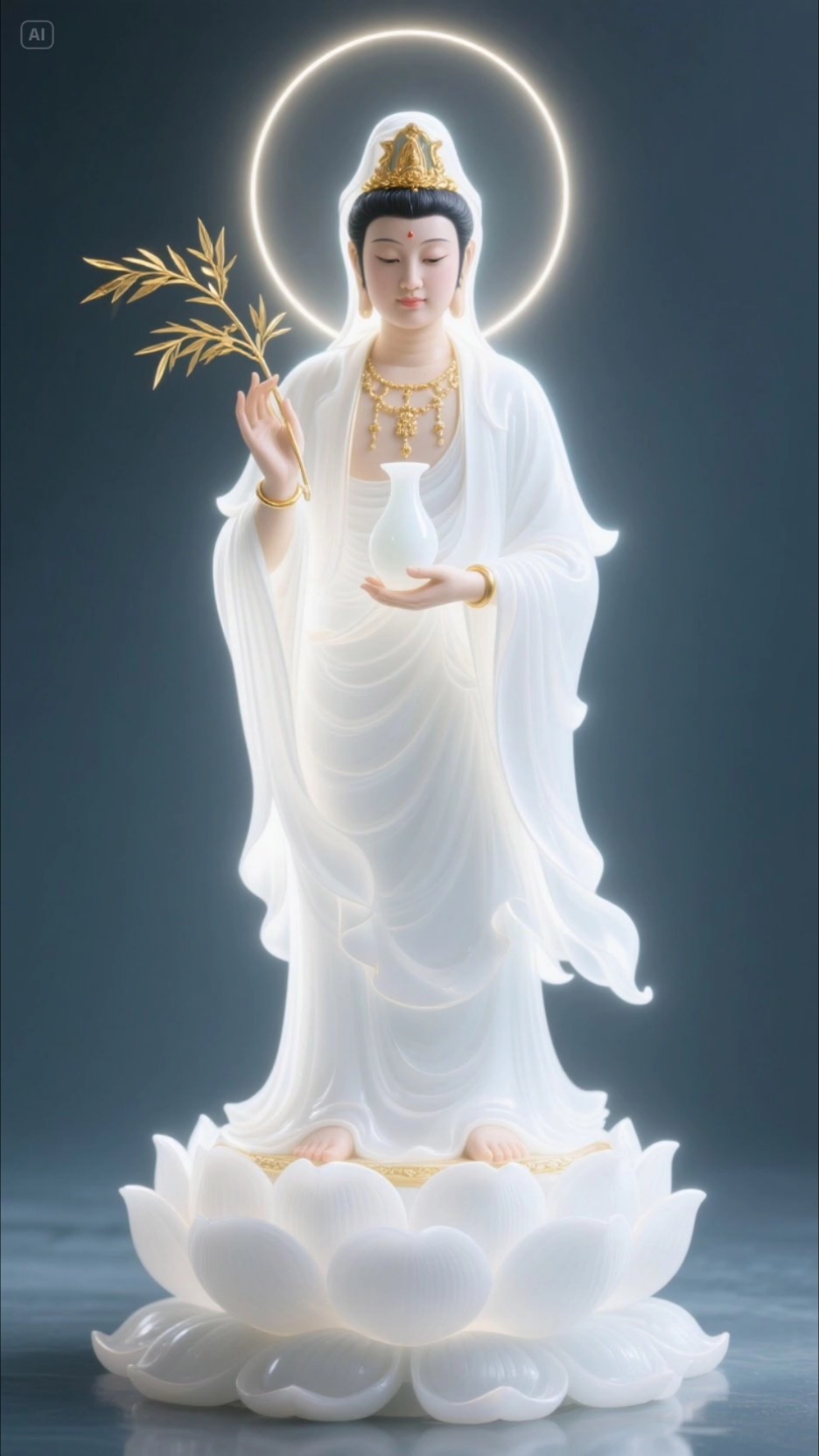 观音菩萨手持柳枝站在莲花上,散发着宁静的光芒