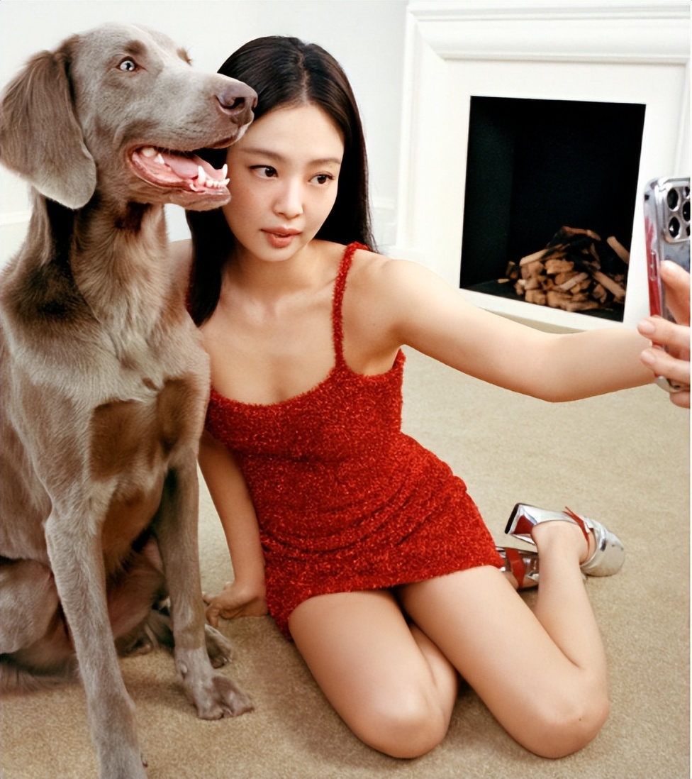 红裙娇艳欲滴,jennie与不同的宠物狗合照,造型独特!