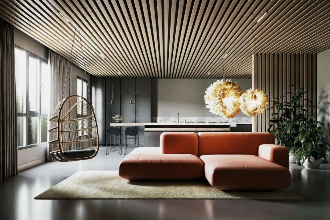 木格栅用于吊顶让一个枯燥的平面变得具有了动感或者其它材料在一起