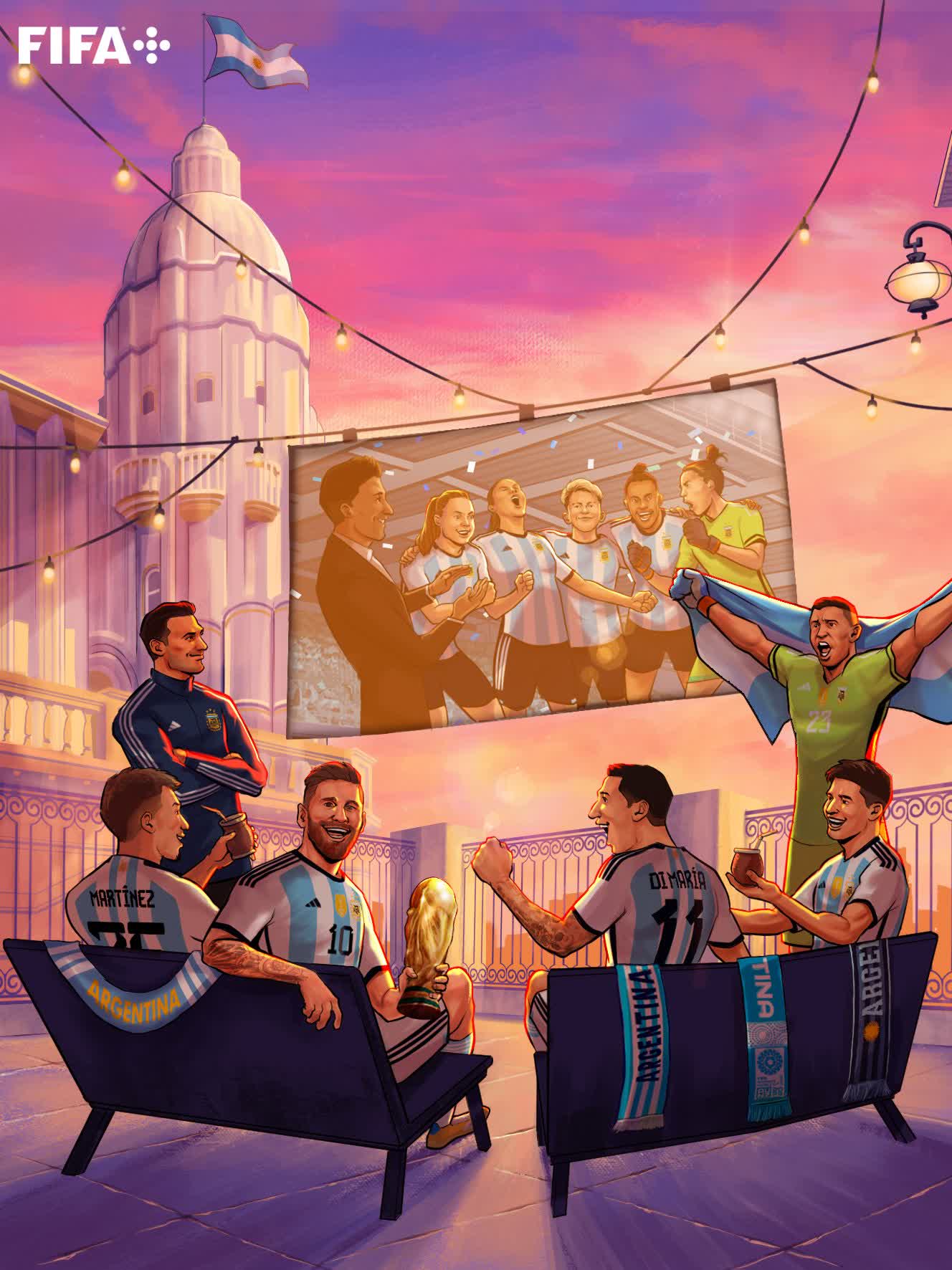 阿根廷海报:梅西手捧大力神杯,与天使利马等为阿根廷女足助威