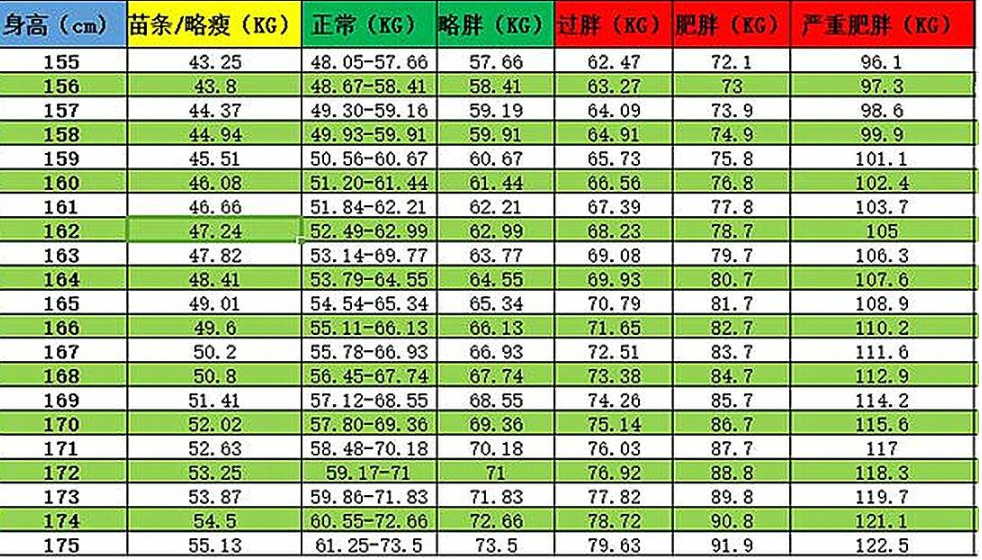 身高体重模特参考表图片