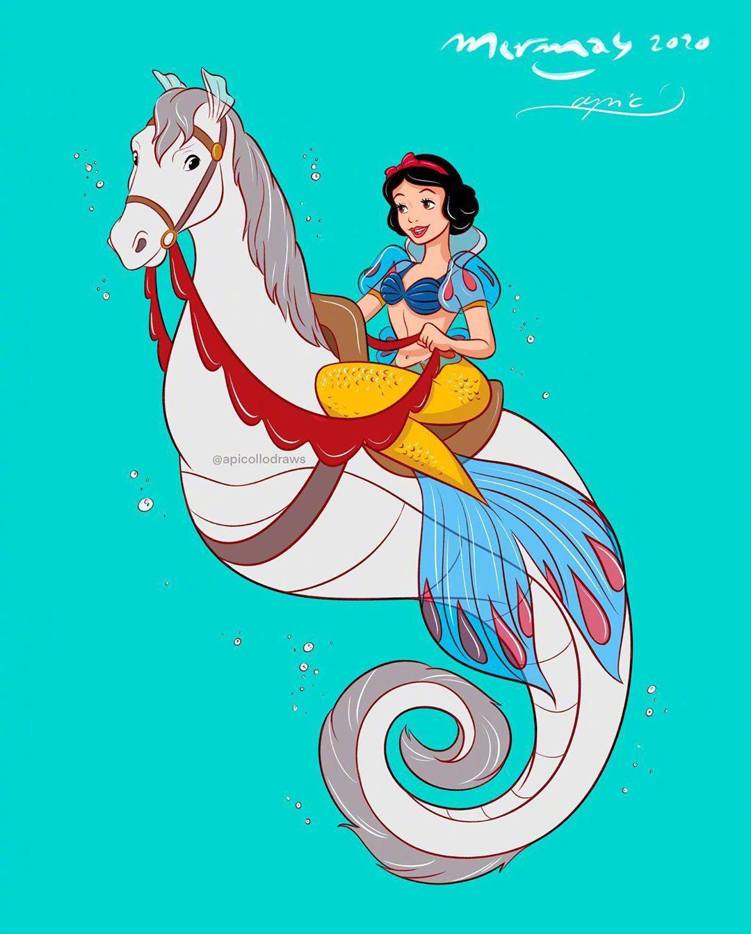 当迪士尼公主们变美人鱼,艾莎是人鱼女王,茉莉的海马最特别