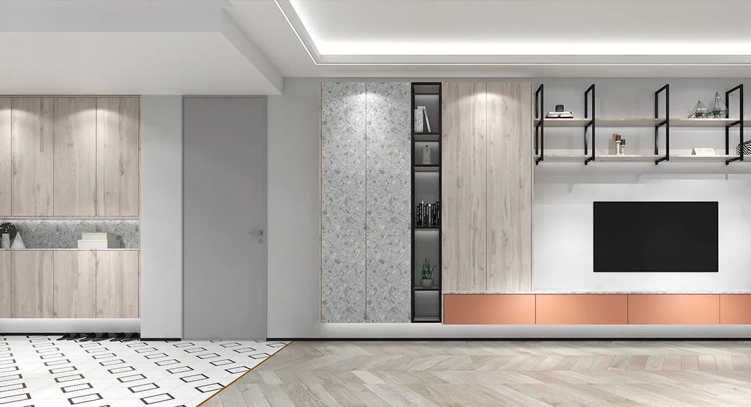 衣柜转角一侧设计开放柜,可以放些小物件,不但起到装饰效果,而且娜