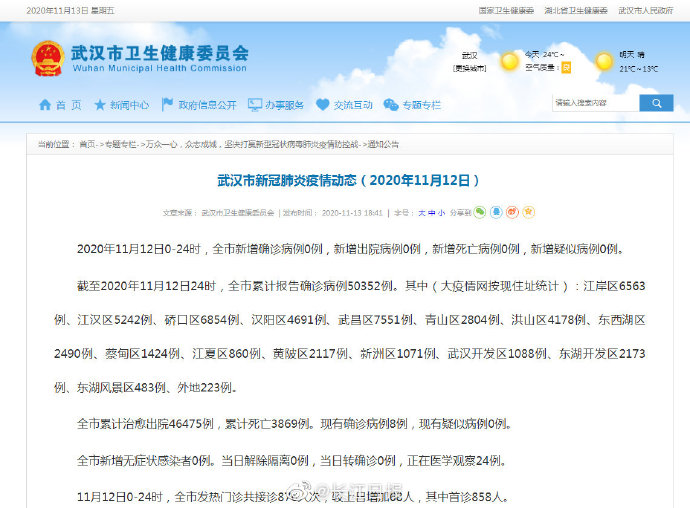 武汉市新冠肺炎疫情动态(2020年11月12日)