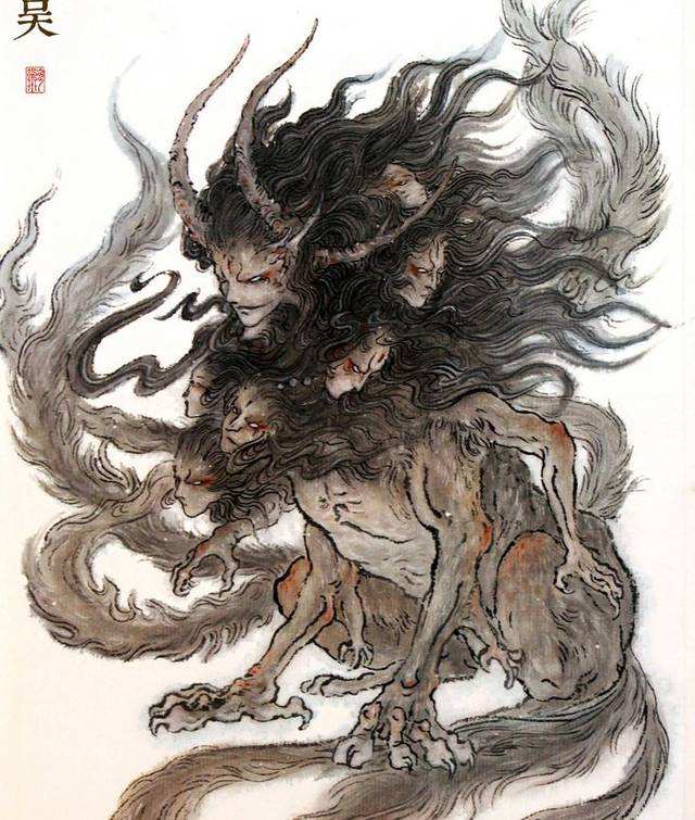 《山海经》:其神状虎身而九尾,人面而虎爪;是神也